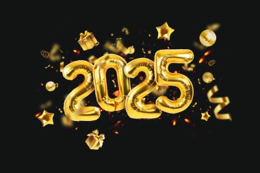 Golden balloons 2025 with confetti, gold mirrored balloon party, stars, gifts and sparks hover on a black background. Happy New Year 2025 creative. clipart