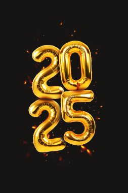 Siyah arka planda 2025 altın balon ve kıvılcımlar. Yeni Yıl 2025 dikey kartı
