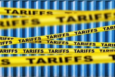 Ekonomik Tarifeler Konsepti. Amerika AB 'de gümrük vergisi. Kriz, ticaret ve ekonomik savaş. Mavi nakliye konteynırlarının arkaplan dokusunda sarı bant tarifeleri