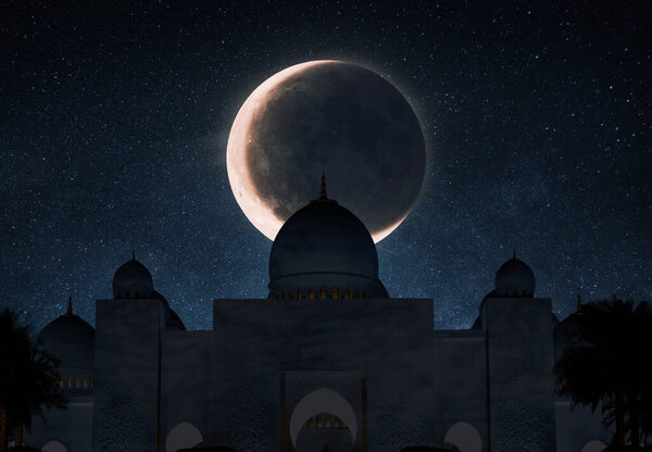 Happy Ramadan Kareem Background Design With Silhouette Mosque and Crescent Moon. Mosque Arabian at night on the starry sky with a big moon