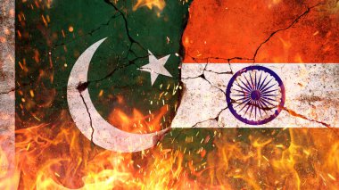 Filistin ve Hindistan arasındaki savaş, kavram. Kırık beton duvarda kıvılcımlarla kaplı Filistin ve Hindistan Bayrağı. Karşılaşma