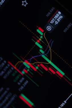 Akıllı telefonunda renkli göstergeler olan kripto para birimi çizelgesi. Dijital ticaret, engelleme zinciri ve finansal büyüme kavramı.