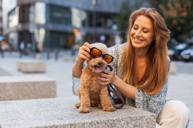 Havalı gözlüklü şık köpek, sahibinin yanındaki bankta poz veriyor. Şehirdeki komik ve modaya uygun evcil hayvan anı. Hayvan modası veya hayvan yaşam tarzı içeriği için mükemmel