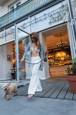 Kendine güvenen bir kadın köpeğini modaya uygun bir kafeden çıkarır. Aydınlık, modern giysiler içinde, bağımsızlık, moda ve evcil hayvan dostu şehir hayatını yakalıyor..