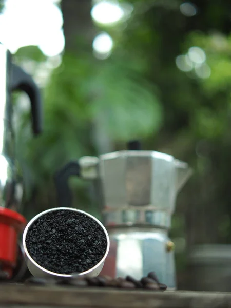 Moka Pot Coffee Maker Home Drink Small Good Feel Garden — Stock Photo, Image
