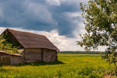 Eski ahşap kır evi, altın yeşili tarlaların ve kara kara kara bulutların ortasında güneşli bir günde.