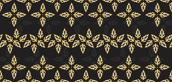 伝統的なクラシックマレーは インドネシアのバティックや金と白の糸ベクトル マレーシアまたはリウから花のマンダラの民族パターンのような黒いソケットを手織りしました ファブリックシームレスな装飾 — ストックベクタ
