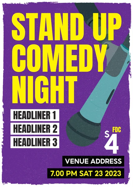 stock vector Open mic night comedy stand up show poster or flyer or banner design template with microphone and bright elements composition on background. Vector illustration, standup comedy for comedy club, or comedy night