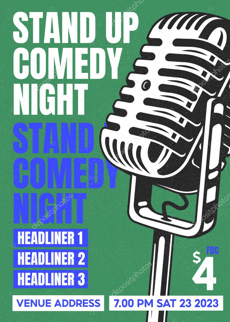 Open mic night comedy stand up show poster or flyer or banner design template with microphone and bright elements composition on background. Vector illustration, standup comedy for comedy club, or comedy night
