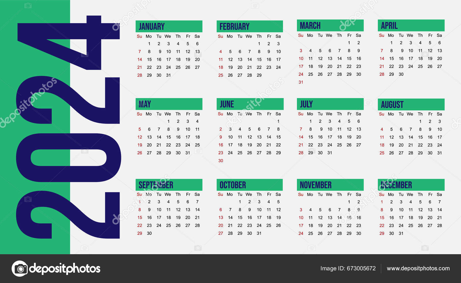 Calendrier 2024 Modèle Set Vectoriel Semaine Début Dimanche