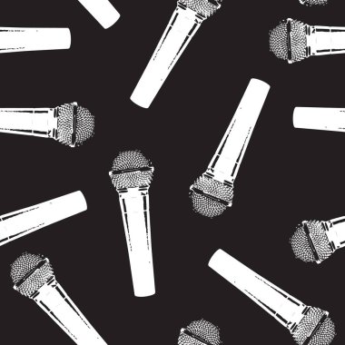 Mikrofon ya da mikrofon ile kusursuz desen. Tekstil, kıyafet, ambalaj kağıdı, duvar kağıdı için müzik arkaplanı. Karaokeye sahip arka plan ya da şarkı için müzikal öğeler ya da stand up komedisi, siyah ve beyaz
