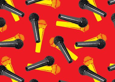 Mikrofon ya da mikrofon ile kusursuz desen. Tekstil, kıyafet, ambalaj kağıdı, duvar kağıdı için müzik arkaplanı. Karaokeye sahip beyaz arkaplan ya da şarkı için müzik öğeleri ya da stand up komedisi, siyah ve kırmızı