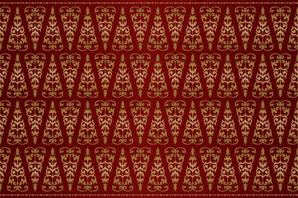 伝統的な古典的なマレーの手織りの赤いソケット インドネシアのバティックのようなまたは金の糸のベクトルが付いている民族パターン マレーシアまたはリウからの花のマンダラ ファブリックシームレスな装飾 — ストックベクタ