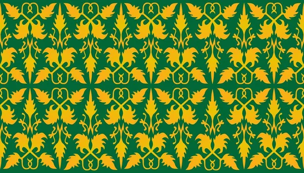 伝統的な古典的なマレーの手織りの緑のソケット インドネシアからのバティックのようなまたは金の糸のベクトルが付いている民族パターン マレーシアまたはリウからの花のマンダラ ファブリックシームレスな装飾 — ストックベクタ