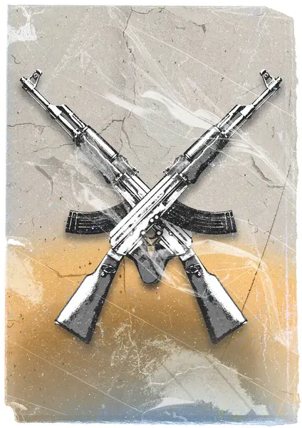 47海报 Kalashnikov军用武器恐怖主义战争年代 对战争说不 冲突宣传设计 带有牢骚背景 — 图库照片