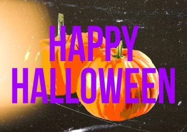 Cadılar Bayramı illüstrasyonun kutlu olsun, balkabağı gecen kutlu olsun. Fantezi parti kutlaması, kaba mor yazı tipi ve grunge arkaplan tasarımı..