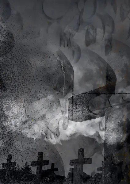 ハロウィーンやホラーやミュージックアルバム デザインバックグラウンドポスターのバックグラウンド 不気味な 邪悪な背景のための幽霊墓地で煙でスカル — ストック写真