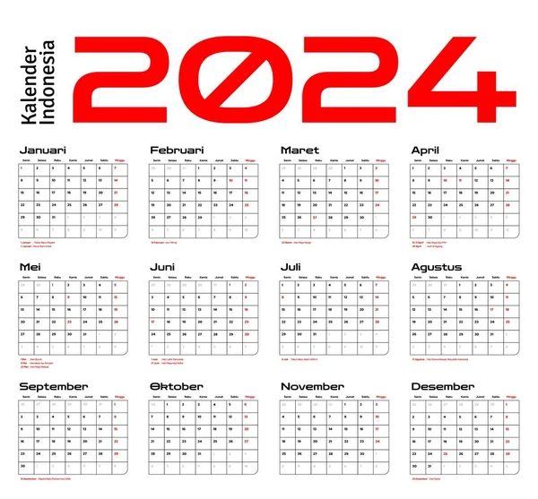 Indonesian Calendar 2024 template vector, diseño mínimo simple