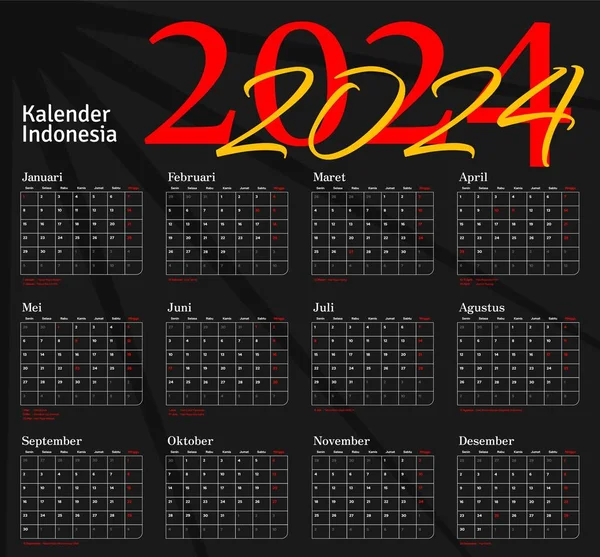 Indonéský Kalendář 2024 Týden Začíná Neděli Firemní Design Plánovač Šablony — Stockový vektor