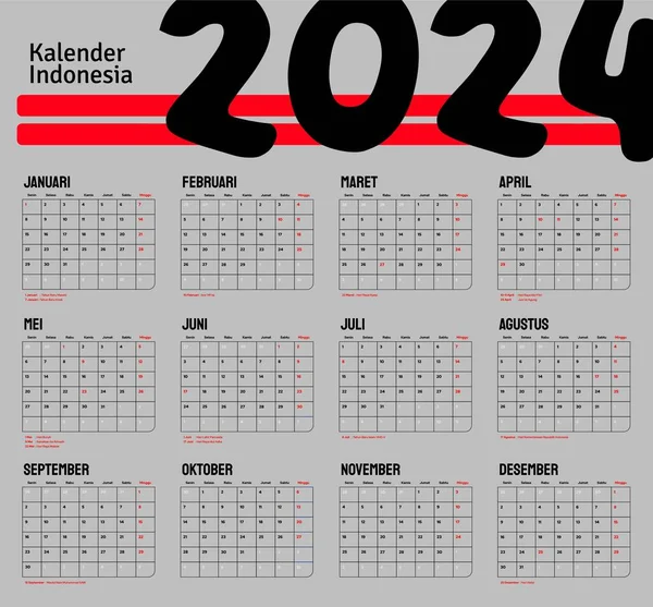 Indonesian Calendar 2024 template vector, diseño mínimo simple