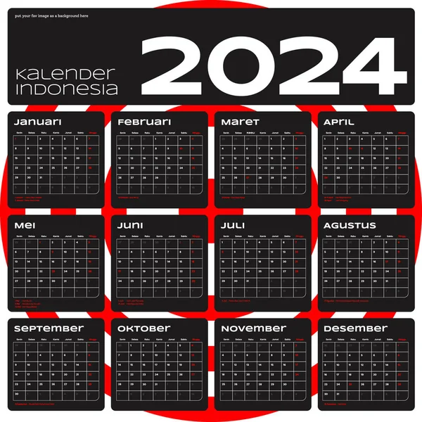 Indonesian Calendar 2024 template vector, diseño mínimo simple
