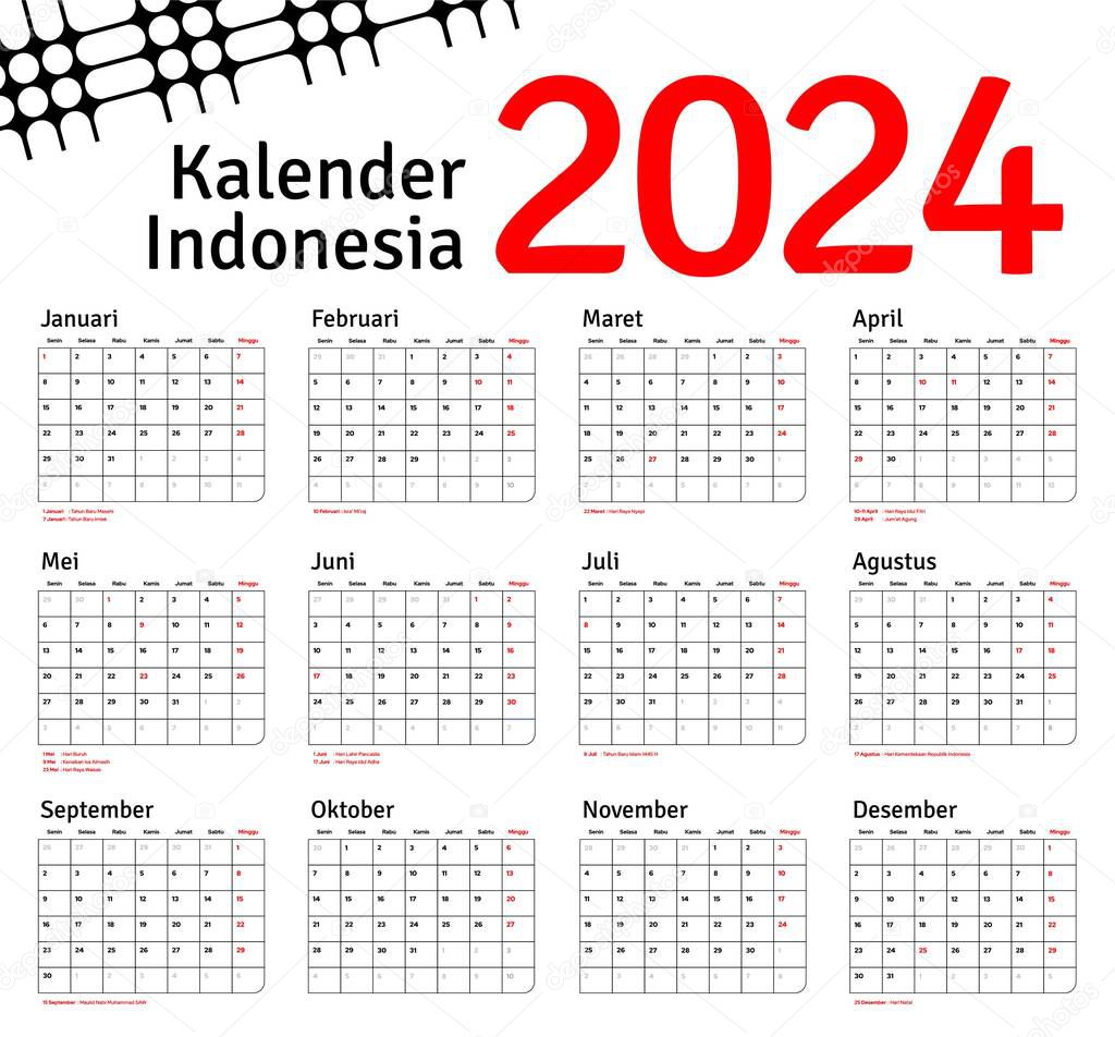 Indonesian Calendar 2024 template vector, diseño mínimo simple