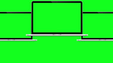 İzleme ve Yapıştırma Arkaplanı ve İş Blog ya da Oyun Uygulaması için Boş Yeşil Ekran Görüntüsü 3 ya da 3 dizüstü bilgisayar. Mockup için Temiz Chroma Anahtarı ile 3d Pc kopyala. Bilgisayarı Kabul Et