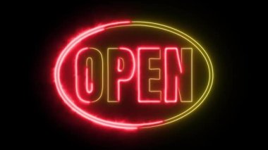 Açık Neon İşareti Arkaplanı Kusursuz Döngü / Neon Açık Tabelasının gece vitrini, restoran, motel ve gece işleri için yanıp sönen animasyonu, yeşil ekranda sarı ve kırmızı ışık