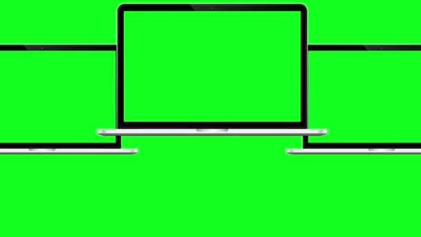 Leeres Green Screen Display Oder Drei Laptops Zum Beobachten Und — Stockvideo