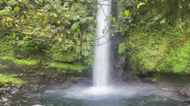 Güzel şelale manzarası, Endonezya yağmur ormanlarının ortasındaki tuhaf testere, yürüyüş yolu, gizli şelale, inanılmaz manzara, destansı doğa.