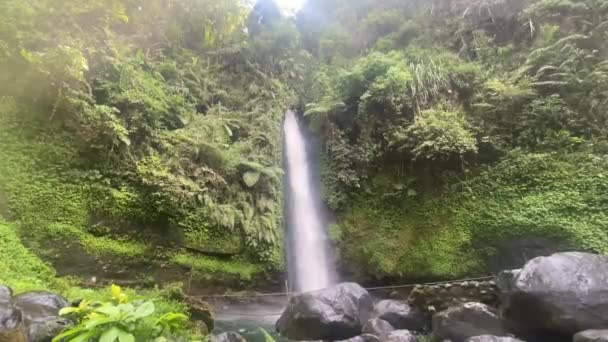 Gyönyörű Vízesés Táj Göndör Fűrészlap Közepén Indonézia Esőerdő Túraútvonal Rejtett — Stock videók