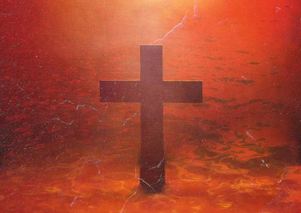 Metal Grunge Christian Cross Background, Cross symbol in dark red background with overlay cool catholic background, palm satanic theme, red sea, paper texture