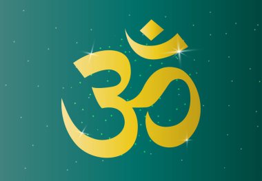 Güzel Hinduizm ya da Hindu sembolü, Om ya da ohm ya da rom, Tapınaklar Duvarı, Evler ve iç işleri için altın renkli tonlarda. vektör parlak, mavi deniz yıldızları gökyüzü arkaplanı