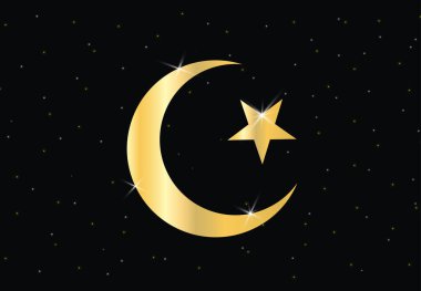 Gece gökyüzü vektörüyle cami veya Ramazan bayrağı için İslami simgenin yıldız ve hilal sembolü.