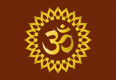 Güzel Parlayan Om veya ohm veya rom, tapınak, ev ve iç işleri için altın rengi tonlarda mandala ile vb..