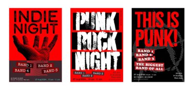 Kafe ya da bar etkinliği için konser posteri, bağımsız müzik afişi, punk rock gecesi ve rock müzik, düzenlenebilir vektör tasarımı, grunge ve kağıt dokusu arka planlı