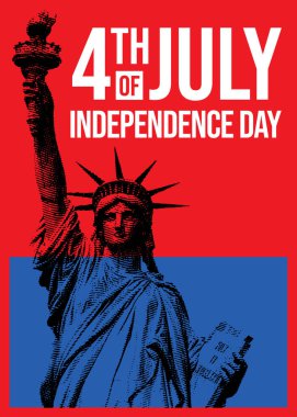 4 Temmuz Bağımsızlık Günü afişi, afişi, afişi, broşürü, arkaplanı, şablonu, selamları ve Özgürlük Heykeli illüstrasyonunu, sosyal medya süslemesi veya hikayesi için, kırmızı ve mavi