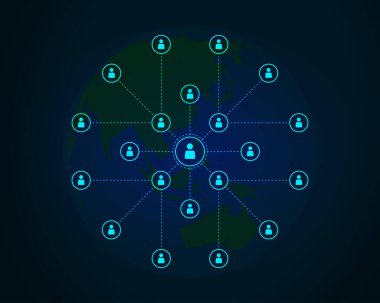 Küresel iş ağı, dijital teknoloji, veri değişim konsepti. İş zekası ve bulut hesaplama, dijital pazarlama, veri işleme ve engelleme teknolojisi yönetimi