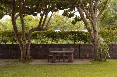 Bahçedeki yeşil çimlerin üzerinde, arka planda iki ağaç olan iki açık havada tahta sandalye.