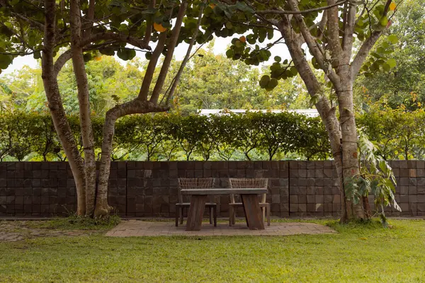 Bahçedeki yeşil çimlerin üzerinde, arka planda iki ağaç olan iki açık havada tahta sandalye.