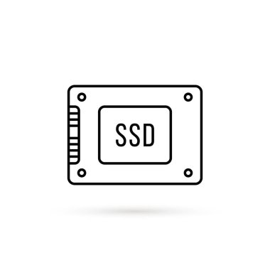 Beyaz üzerinde ince çizgi siyah SSSD simgesi izole. Bilgisayarlar ve diğer cihazlar için hızlı ve sağlam devlet sürüşü kavramı. düz asgari vuruş stili trend modern logottip grafik tasarım elementi