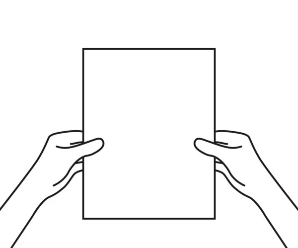 黑色线性手持纸 平面笔划最小标识元素线形图形艺术设计孤立于白色背景 日常文书工作和带小册子或杂志的武器等文书工作概念 — 图库矢量图片