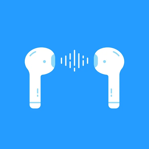 ブルーで隔離された無線イヤホン ミニマルフラット漫画スタイルトレンディーな現代シンプルなロゴタイプグラフィックアートデザイン要素 ケーブルやワイヤーを使わずに簡単に音楽を聴けるパーソナルデバイスの概念 — ストックベクタ