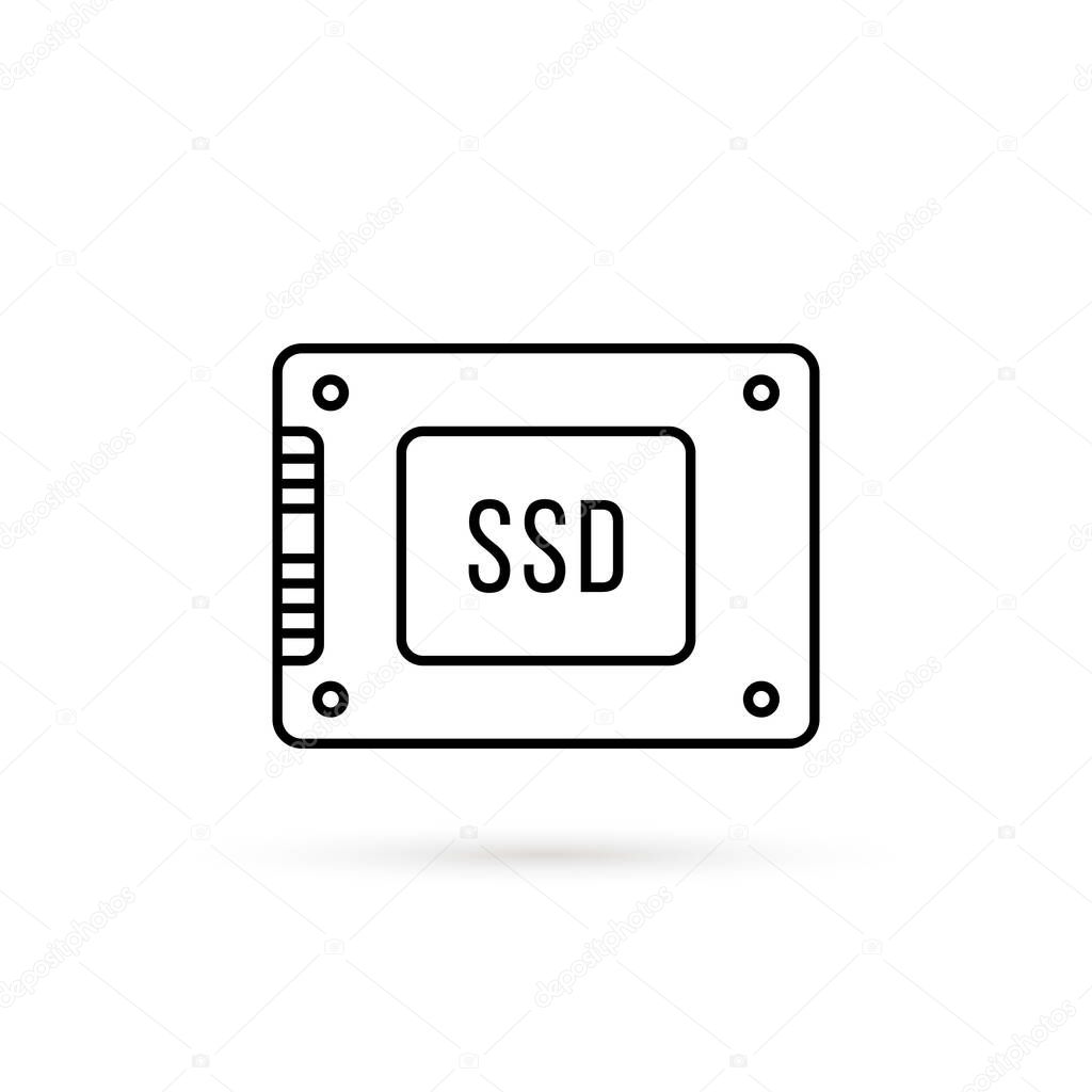 Thin line black ssd icon isolated on white. concept of fast solid state drive for computers and other devices. flat minimal stroke style trend modern logotype graphic art design element