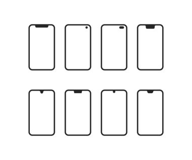 Farklı çentikleri olan bir sürü telefon. beyaz arkaplanda izole edilmiş düz doğrusal minimal modern vuruş logosu grafik sanat tasarımı