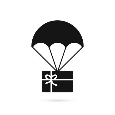 Siyah hediye kartı ve paraşüt. düz basit trend modern logottip grafik tasarımı beyaz arkaplanda izole edildi. Xmas tanıtım, mutlu sevgililer günü indirimi ve özel ya da en iyi teklif