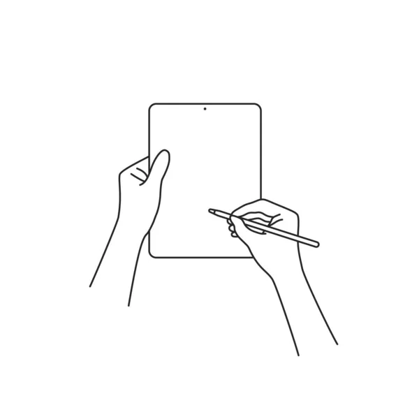 Tablete Kurşun Kalemle Çizer Düz Çizgi Tarzı Trend Beyaz Arka — Stok Vektör