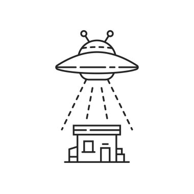 thin line black ufo with house. concept of alien invasion of the earth and attack on people. flat linear style trend modern logotype graphic minimal stroke design isolated on white background