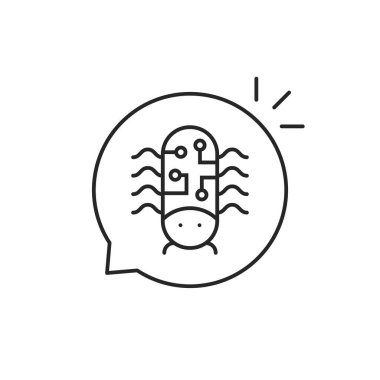 thin line popup message with bug. flat stroke modern simple debug logotype graphic art design isolated on white background. concept of checking the system for vulnerabilities and finding malware