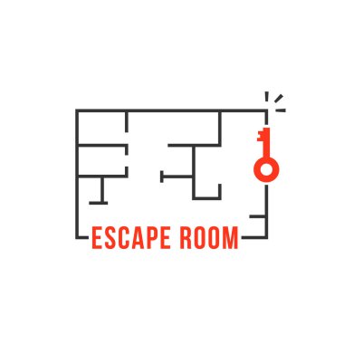Anahtarlı ince çizgili kaçış odası logosu. düz doğrusal stil trend modern logottip grafik tasarım ögesi beyaz arkaplan üzerinde izole. eğlenceli oyun konsepti